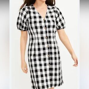 NWT Loft black and white gingham button down linen blend dress Size 10